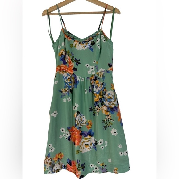 Anthropologie Moulinette Soeurs Green Floral Silk Spaghetti Strap Dress - Picture 3 of 12
